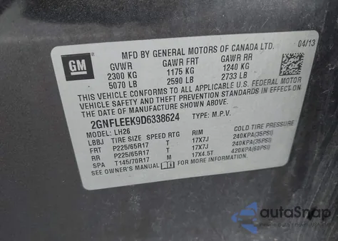 2013 Chevrolet Equinox Lt из США, поврежденный, VIN 2GNFLEEK9D6338624